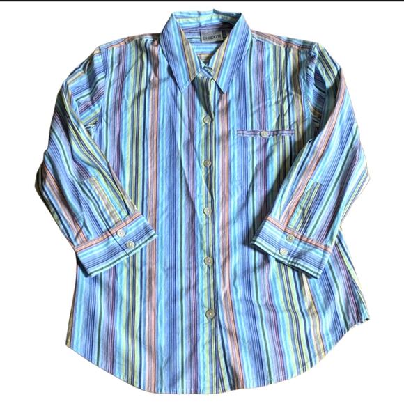 Chico's Blue Rainbow Stripe Mother Of Pearl Buttons Classic Button Down Blouse - Picture 1 of 5